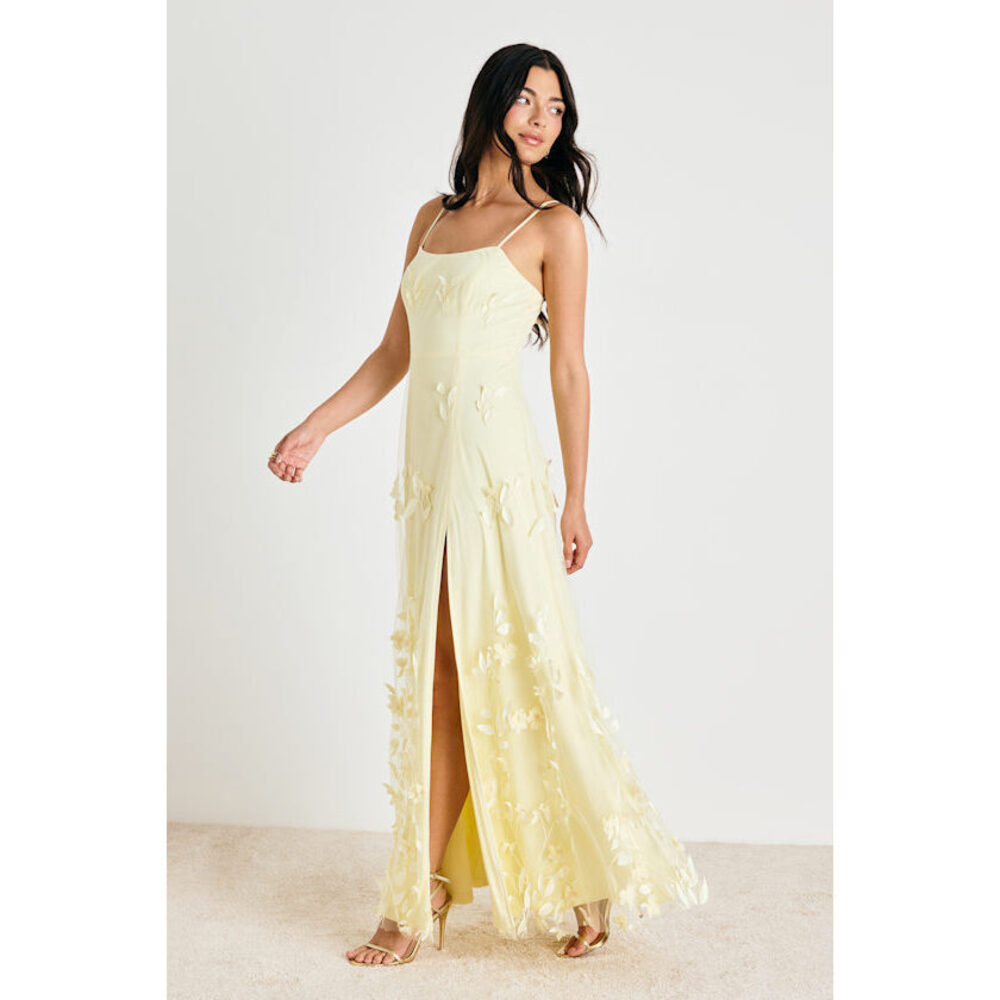 Lulu's Pale Yellow Floral Appliqué Maxi Dress